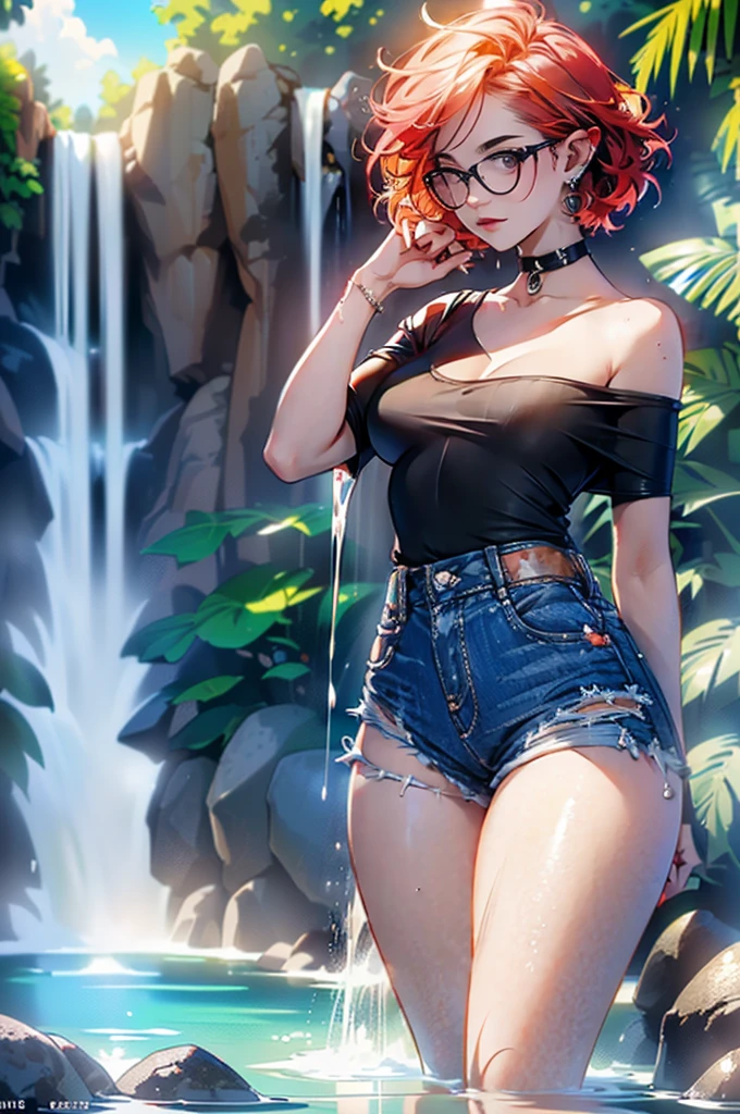 
(large breasts 1.4), beautiful elf woman, ((Short Red Hair: 1.6, straight with shine)), bright blue eyes, bright eyes, double eyelids, light effect on eyes, detailed irises, sexy, curvy body, glasses,(( off the shoulder black tee shirt no logo or words: 1.6, choker, tiny denim shorts, black high heels, legs exposed,)) ((micro denim shorts, edgy sexy, Beautiful and cool, shorts)), ((Wet Clothes)) ((work of art, hyper-realistic, hyper detailed, Best quality, 16k, light and shadow on skin, vivid colors), eyeliner, Thin eyebrows, Sensual expression, perfect lips, sexy mature face, ((skin with light and shadow) flirting seductively with the viewer, lots of freckles, full lips, extreme blush, smile, ((standing under a waterfall, washing hair)), daytime, noon, rays of light, masterpiece, ((Hands washing hair: 1.6, biting lower lip)) ((View from side)),