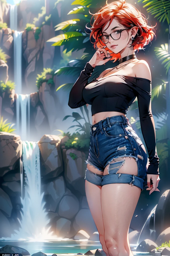 (large breasts 1.4), beautiful elf woman, ((Short Red Hair: 1.6, straight with shine)), bright blue eyes, bright eyes, double eyelids, light effect on eyes, detailed irises, sexy, curvy body, glasses,(( off the shoulder black tee shirt no logo or words: 1.6, choker, tiny denim shorts, black high heels, legs exposed,)) ((micro denim shorts, edgy sexy, Beautiful and cool, shorts)), ((Wet Clothes)) ((work of art, hyper-realistic, hyper detailed, Best quality, 16k, light and shadow on skin, vivid colors), eyeliner, Thin eyebrows, Sensual expression, perfect lips, sexy mature face, ((skin with light and shadow) flirting seductively with the viewer, lots of freckles, full lips, extreme blush, smile, ((standing under a waterfall, washing hair)), daytime, noon, rays of light, masterpiece, ((Hands washing hair: 1.6, biting lower lip)) ((View from side)),