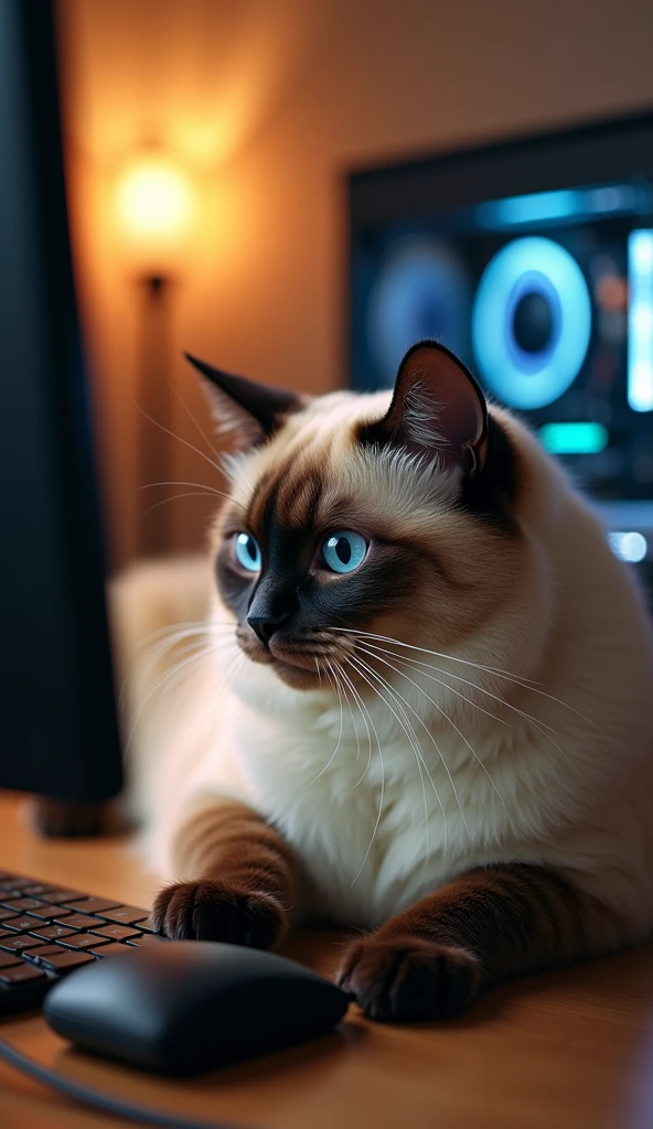 Photorealistic, 64K, A realistic Siamese giant cute fat cat playing on its gaming PC. The computer is wrong, fix this. The cat needs to hold the Mouse correctly direct