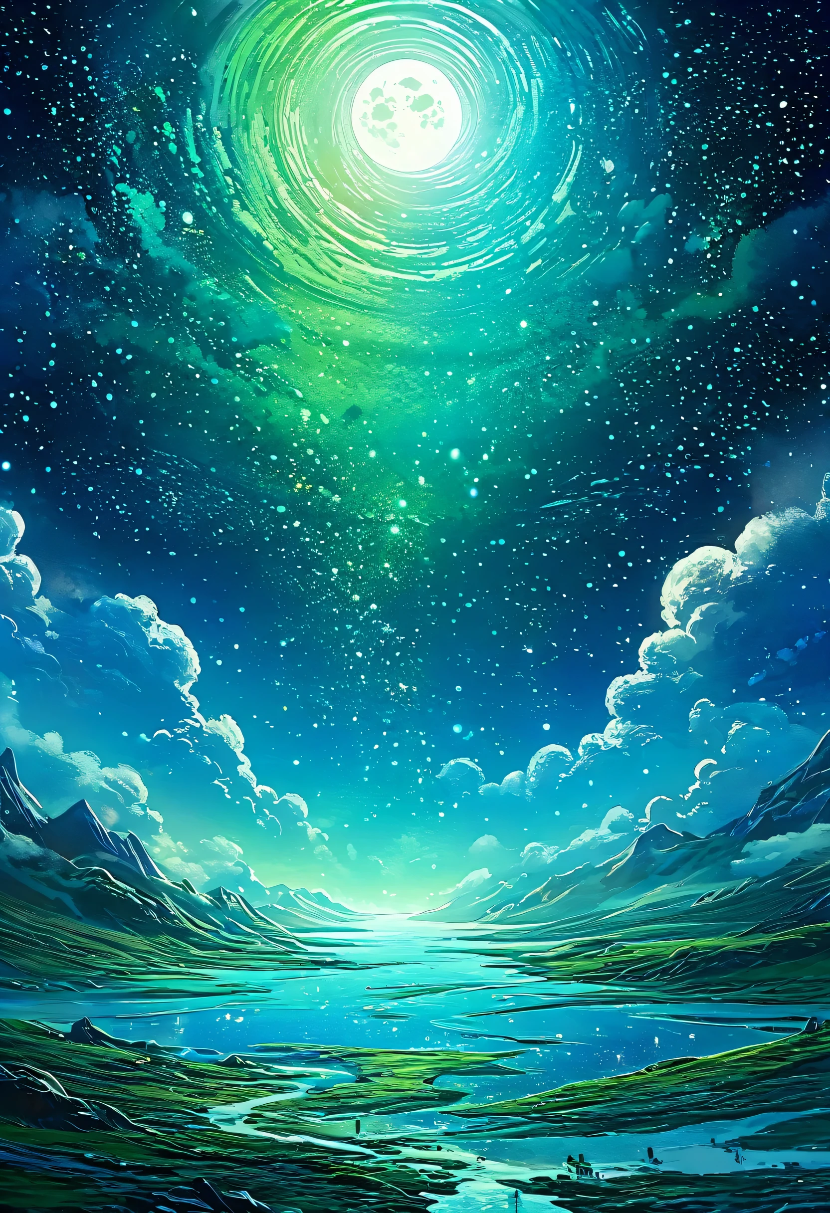 The moon is surrounded by many, Countless shining stars々. The starry sky sparkles、The trail of light is shining even brighter. Surreal Scene. Beautiful and wonderful composition. Subtle shadows and highlights. blue, Light blue and green tones. More color gradients. Full of mystery. Vibrant action painting、Highly detailed HD cinematic close-ups、Magical fantasy、Gorgeous digital art,In town