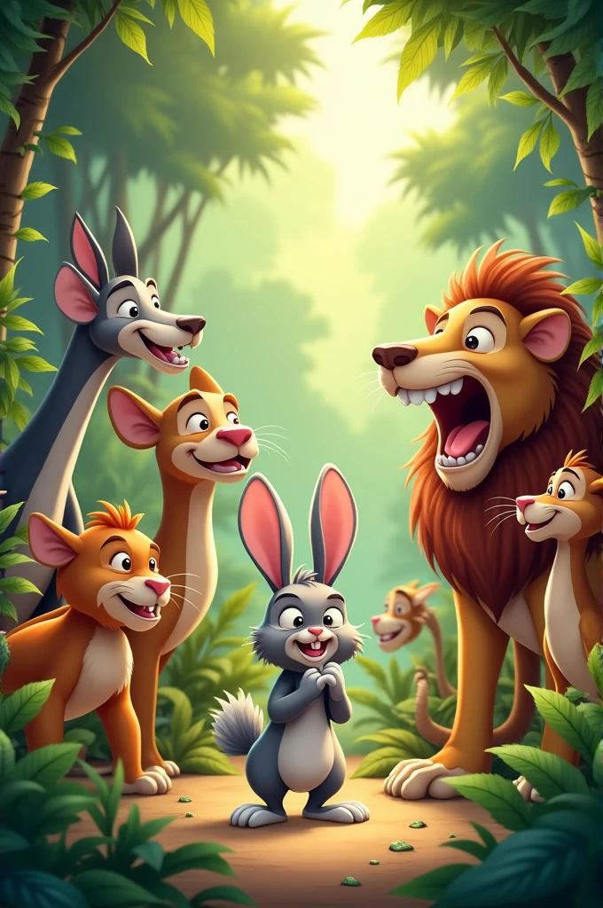 All the jungle animals laughing heartily as the rabbit looks confused, realizing the funny situation.
