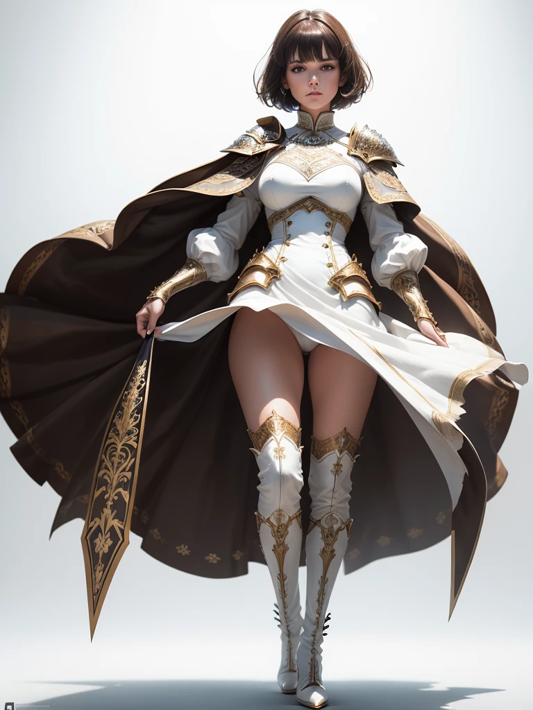 (((white background))), best quality, solo, 1 woman,full body,high heel boots,knight,bangs,looking at viewer,short hair,brown hair,pretty woman,standing,masterpiece, intricate details, tonemapping, sharp focus, hyper detailed, trending on Artstation,
