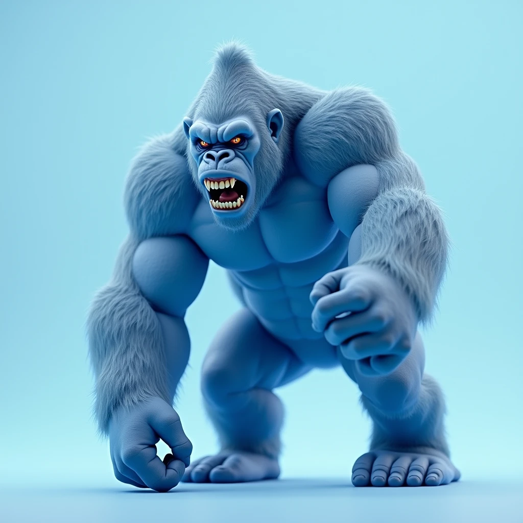 like blue gorilla, light blue background, noble, standing, angry, sideways, hairless, human-like appearance,