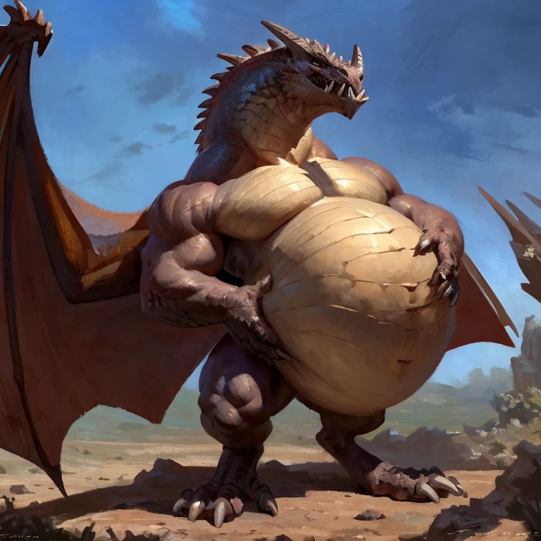 Detailed painting, by Taran Fiddler, dragoness, full body, feral, dainty, friendly, colorful, rounded snout, wings, pregnant-like belly, round belly, dominant belly, huge belly, bloated belly, big muscles, wide body, thick body muscles, powerfull muscles, beefy muscles, thick neck, beefy neck, sharp fangs, long and sharp fangs, big feet, long feet, powerfull feet, giant feet, enormous feet, long and sharp claws, tall, enormous, giant, gigantic, gargantuan, kaiju, powerfull look, badass look