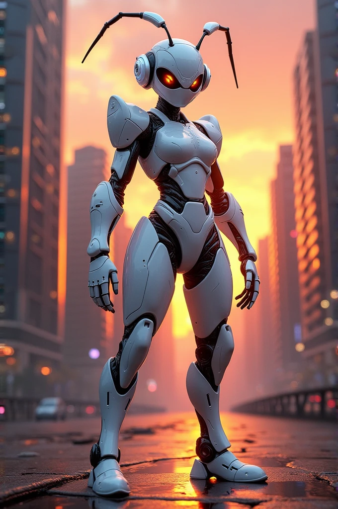 Fire ant in white glossy  cyborg costume standard between sky scrapers at sunset , create ai image