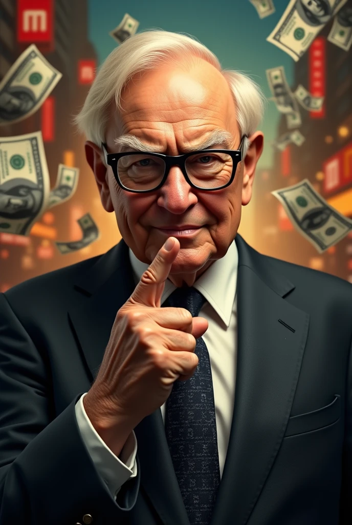 Warren Buffett points to his heart,
Warm lighting, intense expression, Glasses, determined expression, Finger pointing to heart (head), Sweat dripping , Impressive expression, The suit successfully passed through the dollar bills., Rich landscape、Blurry city background, Half Body, Background of wealth and abundance, With a touch of gold, realism. (Highest quality, High range, Ultra-detailed), (Realistic:1.37), Professional, Vibrant colors
