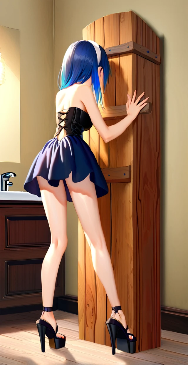  1girl, FF8RINOA, torn black corset strapless,  medium Breasts hanging, white hairband, black choker, long legs, spread legs,  black platform high heels sandals,  black miniskirt sexy, pillory, bend over, tiptoes, tiptoes in heels, standing tiptoes, stockade, side shot, full body shot,  Bathroom background. 