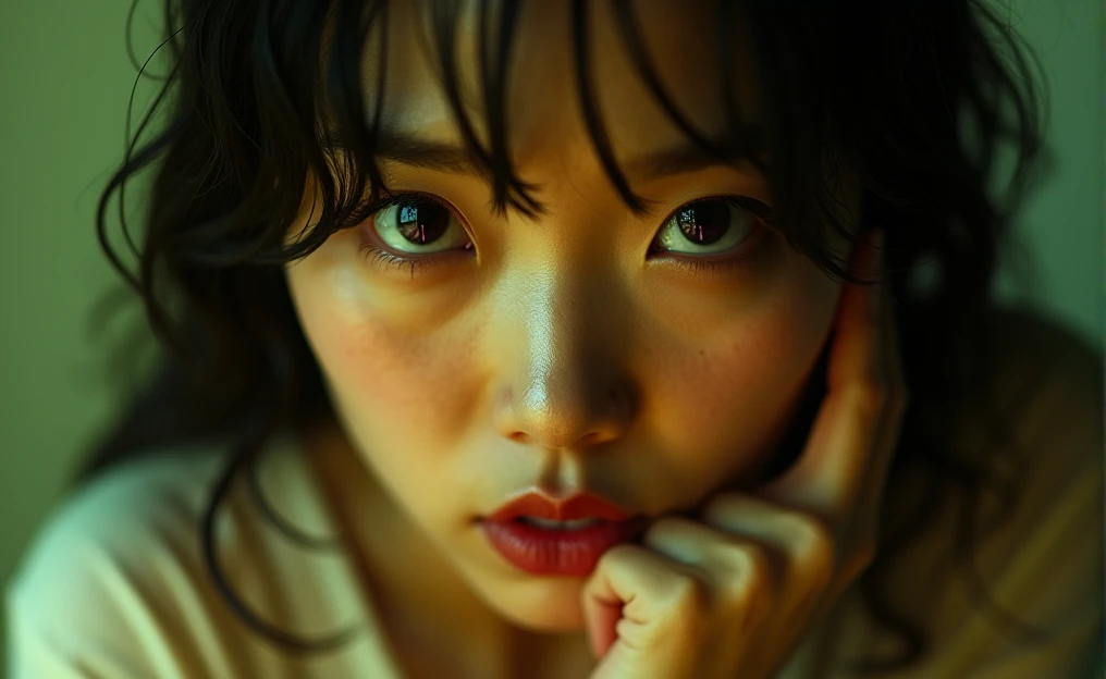 This photo shows a close-up of an Asian female face with an intense and mysterious expression.. Dark hair is damp or wet, partially covering the forehead and falling to the sides of the face. The eyes, who look directly at the camera, They are of a deep color, possibly purple or blue, and stand out for their depth and shine. The lips are slightly parted and have a natural tone with a hint of shine.. The lighting is soft and warm, with shadows that add a dramatic effect to the face. The right hand, partially visible, It is close to the mouth, lightly touching the lower lip. The overall image has a yellowish-green tone., which gives it a slightly ethereal or cinematic look.