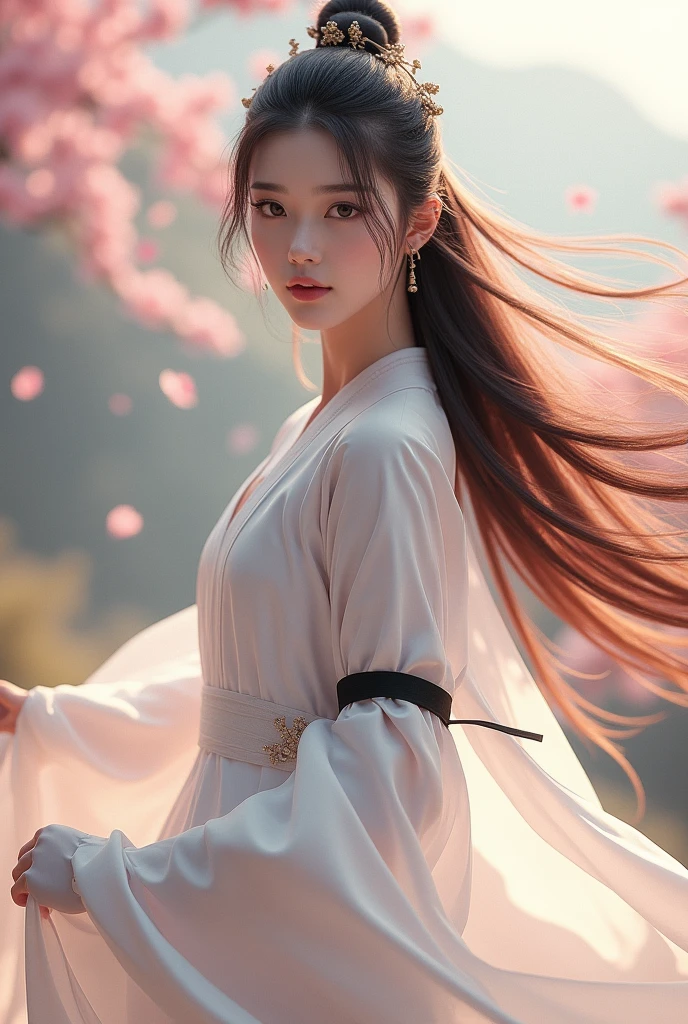 ultra high resolution, (((masterpiece))), (((best quality))), ((super detailed)), ((extremely delicate and beautiful)), (real), (1girl, solo, male focus:1.2) ,(dark pink and gold:1.3), (black long hair and flowinghair:1.1), closeup of a model woman, focus and determine, bright eyes, glossy lips, photoreal, 8 k, wear a white wuxia dress, black arm band, lots of floating fabrics from the dress, bokeh, chinatsumura,wind blows her hair, r motion blur, background of chinese trees, front side, (((light and shadows))), ((sakura trees))