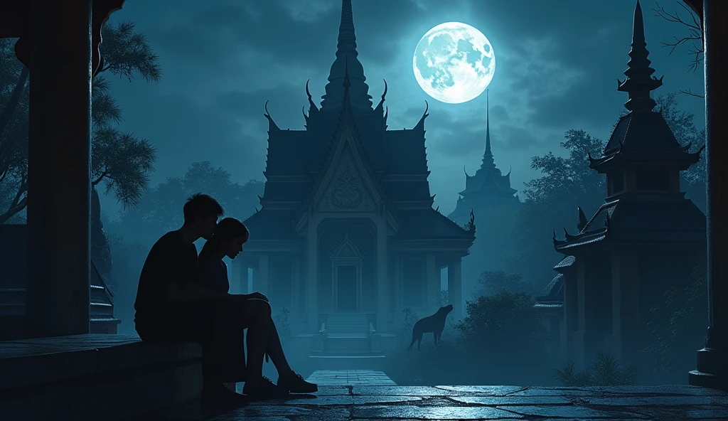  of a young woman, The boyfriend sits next to the .,Thai temple, Cold atmosphere, The evening is scary, Grieving, full moon, The shadow of a dog howls, shrill, 
