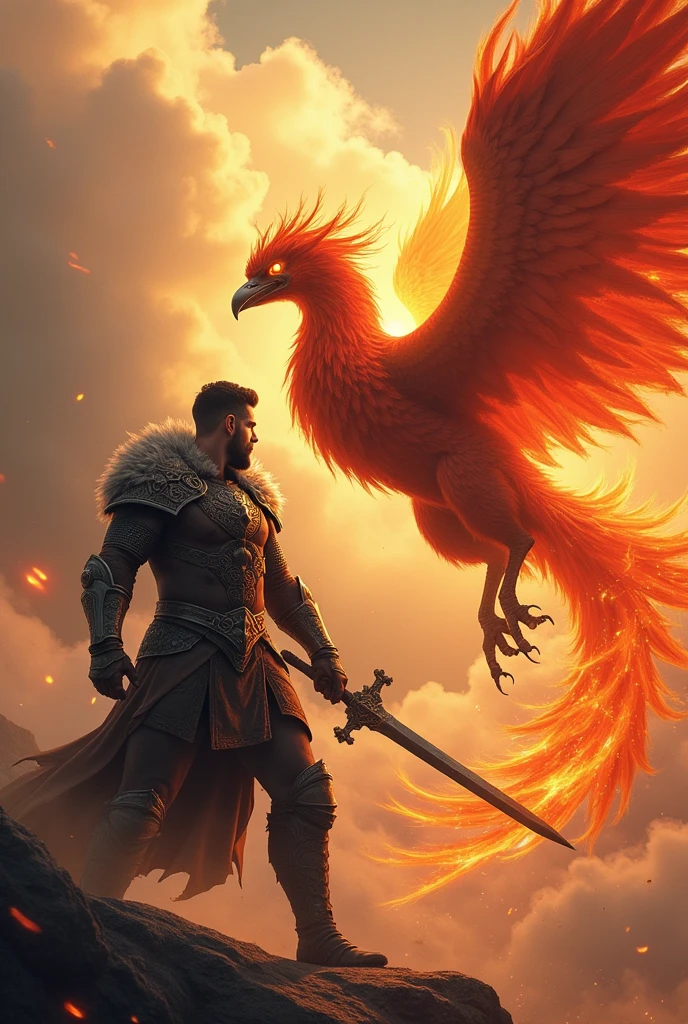 A masculine man with a sword in his hand , ready to face a phoenix