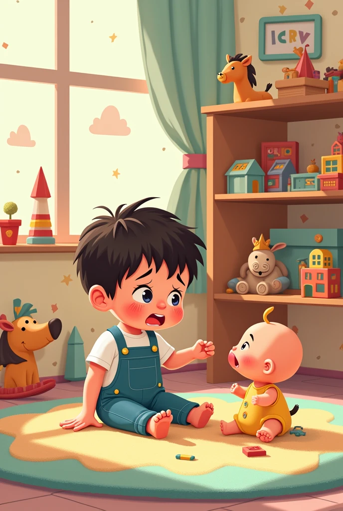 An illustration of children's room, having a shelf and toys in it, a crying, a baby toy with a broken arm.