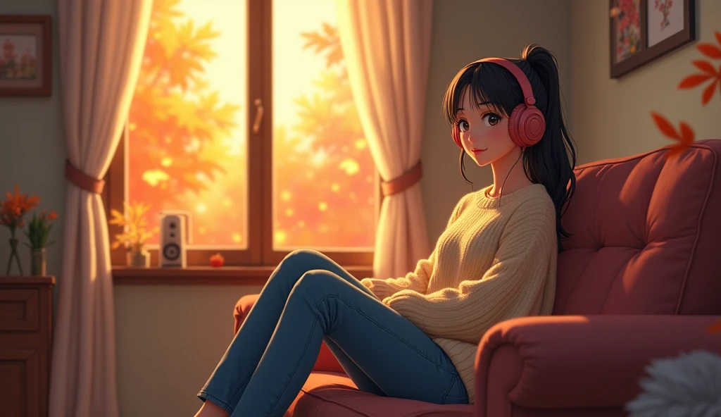 Perfect image, 8k, High school girl listening to music in a cozy room、 Using headphones, 2D-style animation, Lo-Fi,Autumn leaves outside the window、autumn、Sit on the sofa、smile、Retro、Anime style illustrations、Mature atmosphere、Wearing knitwear、I'm wearing jeans