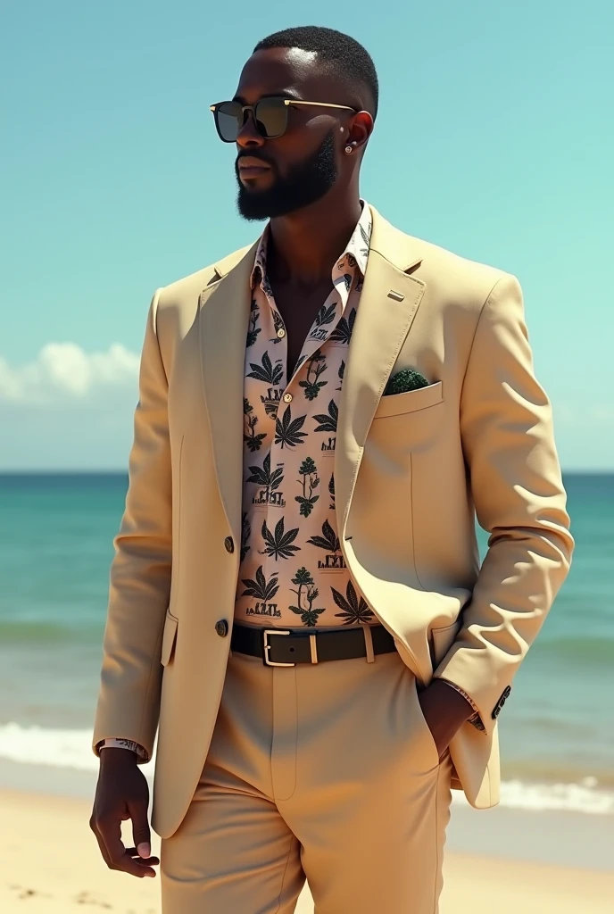 design a 3D luxury stoner business casual outfit for a day at the beach during a zoom call. The outfit should portray stoner life without having to display weed on the clothing. L.I.F.T. Clothing means Life is For Today so the clothing should have a high vibration. brand name will be visible on the clothes. The clothes will have a stoner vibe. taylor to african americans