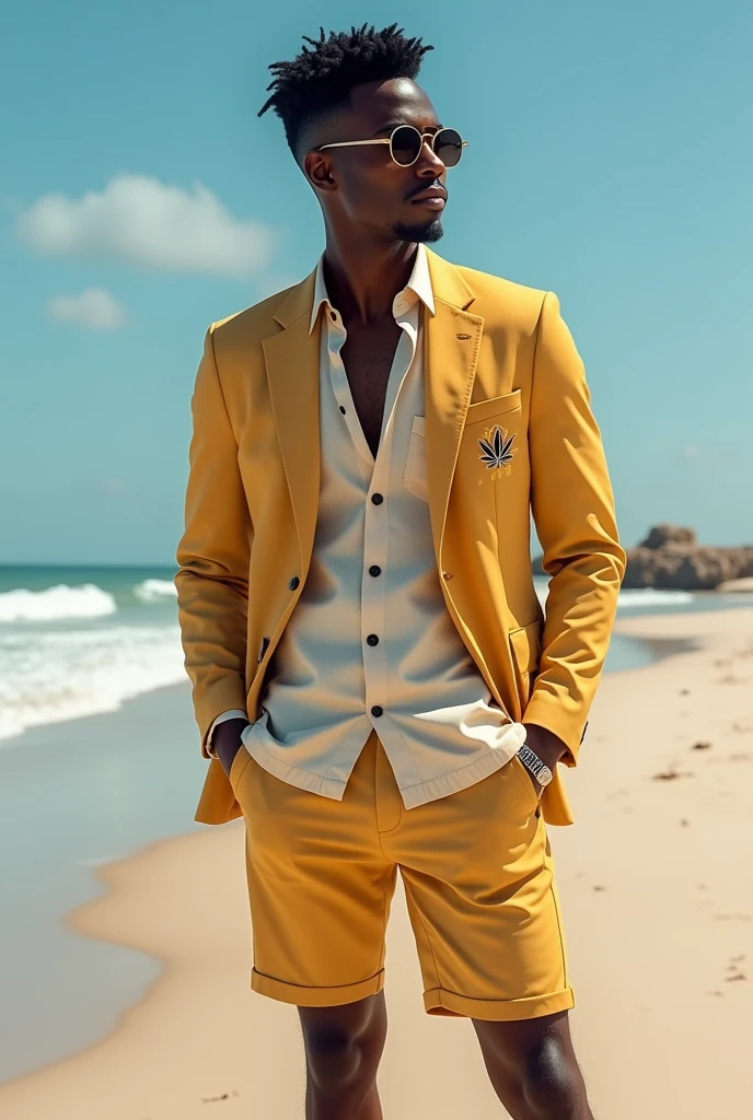 design a 3D luxury stoner business casual outfit for a day at the beach during a zoom call. The outfit should portray stoner life without having to display weed on the clothing. L.I.F.T. Clothing means Life is For Today so the clothing should have a high vibration. brand name will be visible on the clothes. The clothes will have a stoner vibe. taylor to african americans