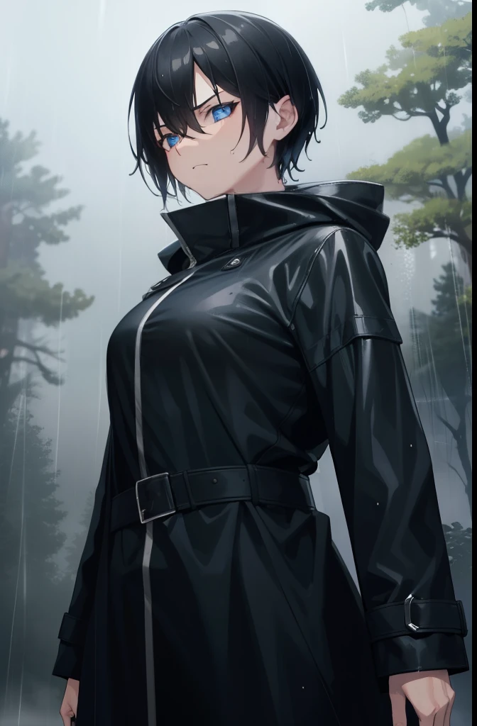 boyish,Very short hair,Black Hair,Large Breasts,Black raincoat,Put on the hood,Serious face,blue eyes,forest,Gloomy face,Wet,fog,cloudy,rain,barefoot,Half-close your eyes,Cowboy Shot,