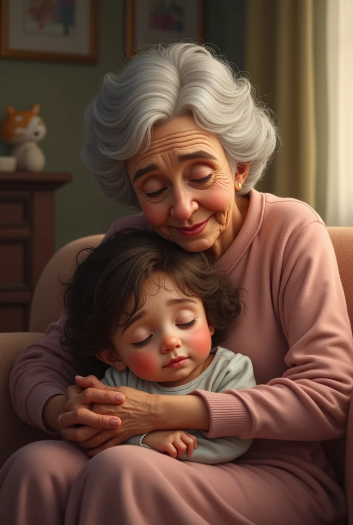 A 3 year old girl lies with her head on her grandmother's lap.