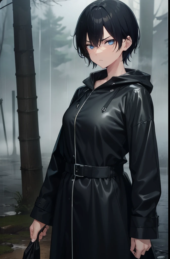 boyish,Very short hair,Black Hair,Large Breasts,Black raincoat,Put on the hood,Serious face,blue eyes,forest,Gloomy face,Wet,fog,cloudy,rain,barefoot,Half-close your eyes,Cowboy Shot,