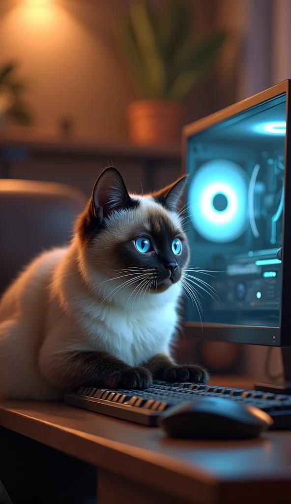 Photorealistic, 64K, A realistic Siamese giant cute fat cat playing on its gaming PC. The computer is wrong, fix this. The cat needs to hold the Mouse correctly direct