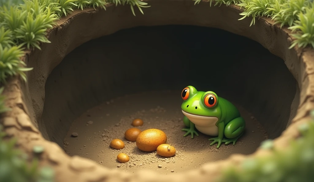 After trying a little bit, the frog gives up and the goods are comfortably sent to one place in the same pit.