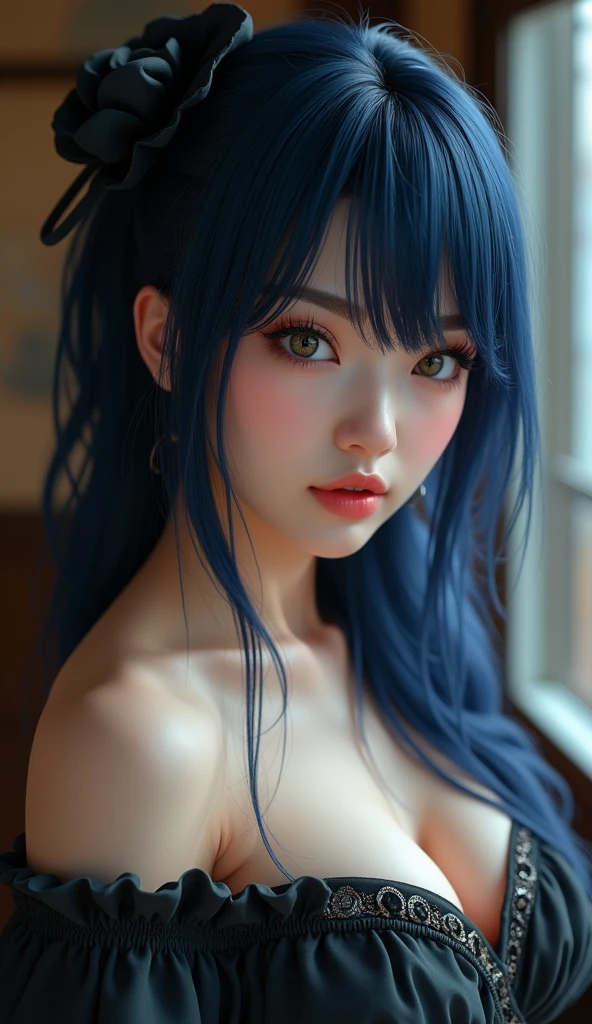 (8k,RAW Photos),(The best quality),(masterpiece),(being realistic,)(Photorealistic and realistic.),(A high resolution),Hyperdetail,(hentai realism:1.1),Beautiful face,
(1woman:1.1),female pervert,(I look at the viewer),cowboy lens,Japanese,
Xiaonan\(Naruto\),(TRAVEL:1.1),Piercing La Brett,neckline,Off the shoulder clothing,smile,Being red in the face,Upper body photo Dark blue hair,
Professional lighting、Photon mapping、physically based rendering、
Dark theme,