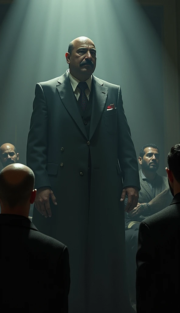 A dramatic scene inside a dimly lit room where Saddam Hussein, with a cold and calculating expression, orders the execution of 68 high-ranking officials. The officials are shown in a tense and fearful state, highlighting the ruthless nature of Saddam's command to secure his power."
