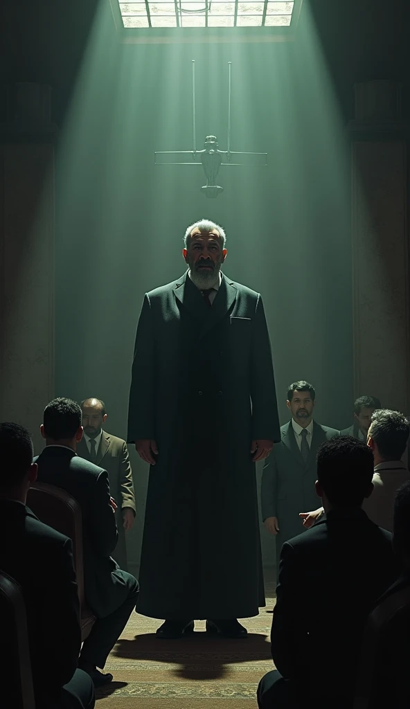 A dramatic scene inside a dimly lit room where Saddam Hussein, with a cold and calculating expression, orders the execution of 68 high-ranking officials. The officials are shown in a tense and fearful state, highlighting the ruthless nature of Saddam's command to secure his power."