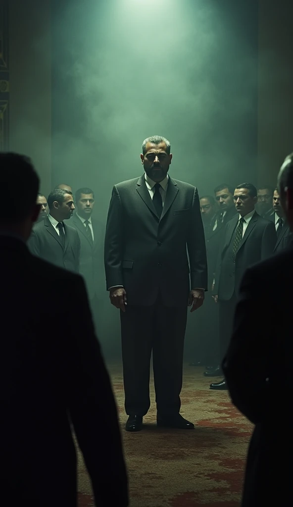 A dramatic scene inside a dimly lit room where Saddam Hussein, with a cold and calculating expression, orders the execution of 68 high-ranking officials. The officials are shown in a tense and fearful state, highlighting the ruthless nature of Saddam's command to secure his power."
