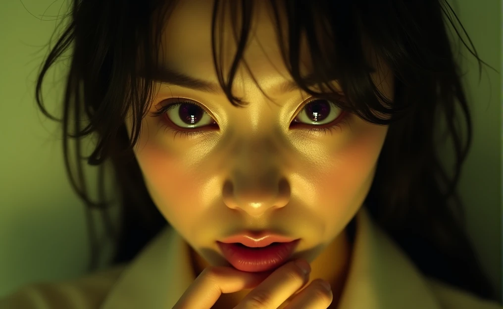 This photo shows a close-up of an Asian female face with an intense and mysterious expression.. Dark hair is damp or wet, partially covering the forehead and falling to the sides of the face. The eyes, who look directly at the camera, They are of a deep color, possibly purple or blue, and stand out for their depth and shine. The lips are slightly parted and have a natural tone with a hint of shine.. The lighting is soft and warm, with shadows that add a dramatic effect to the face. The right hand, partially visible, It is close to the mouth, lightly touching the lower lip. The overall image has a yellowish-green tone., which gives it a slightly ethereal or cinematic look.