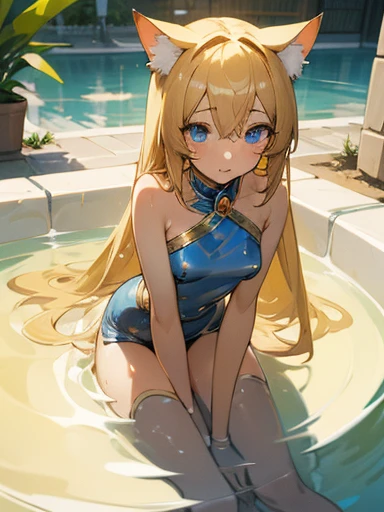 Masterpiece, top quality anime illustration, super detailed, one girl, solo focus, beautiful girl with blond hair cat ears, anime , cat eared , blue eyes, thigh emphasis, god Bastet, bathing in desert oasis, wet sheer