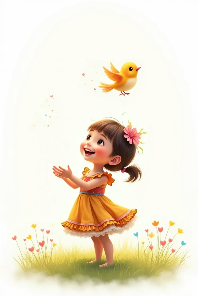white background,best quality,cute liitle girl standing on grass,rais her hands to the little bird,cute little bird flying,cute colorful frock wearing the girl,smiling face