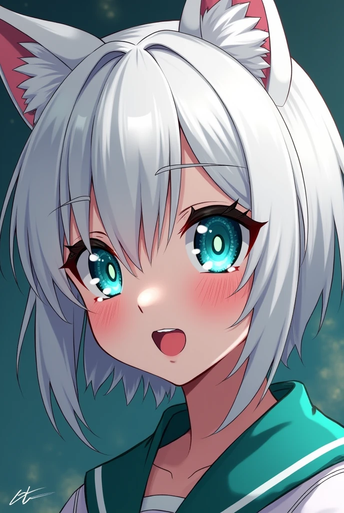 youthful anime girl jjk style, white wolfcut style hair, Turquoise eyes with white highlights, pale skin, thick lips with a crimson hue