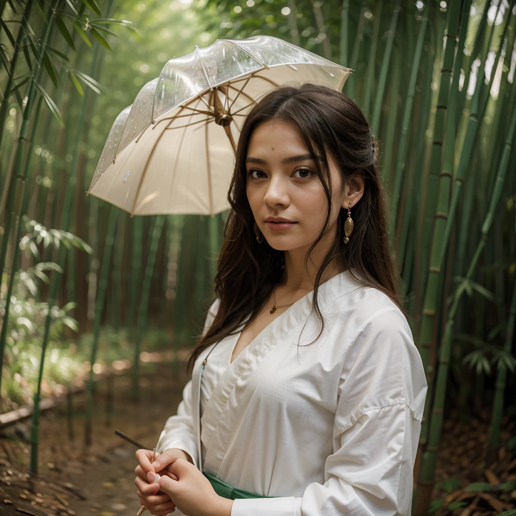 masterpiece, чрезвычайно подробные обои CG Unity 8k, 1 girl, Beautiful, realistic, blur, blurred background, blurred foreground, bamboo forest, depth of field, earrings, Jewelry, nose, realistic, One, Hanfu, the holding was a paper umbrella, rain, pussy squirt,