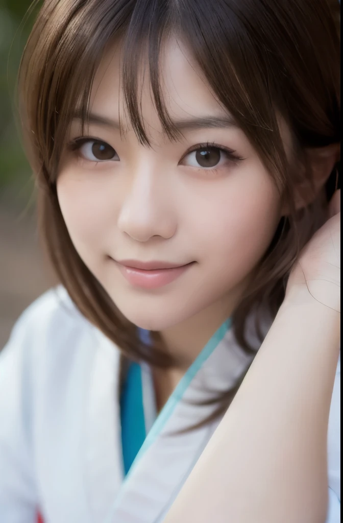 best quality, face focus, soft light, ultra high res, (photorealistic:1.4), RAW photo,(Shinozaki Ai), white skin, kawaii,
1 Japanese girl, solo, cute, smile, (pupil, lights in the eyes),  detailed beautiful face, Medium-sized breasts,(high resolution detail of human skin texture),(long hair),(portrait), upper body, white traditional kimono