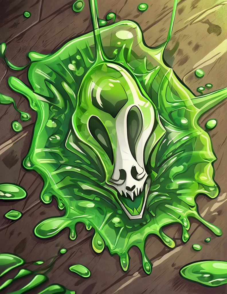 green slime monster with the shape of a lizard, its transparent slime body revealing a lizard skull and bones inside, in a comic book style, best quality, slime lizard, slime only in body, slime driping onto the floor