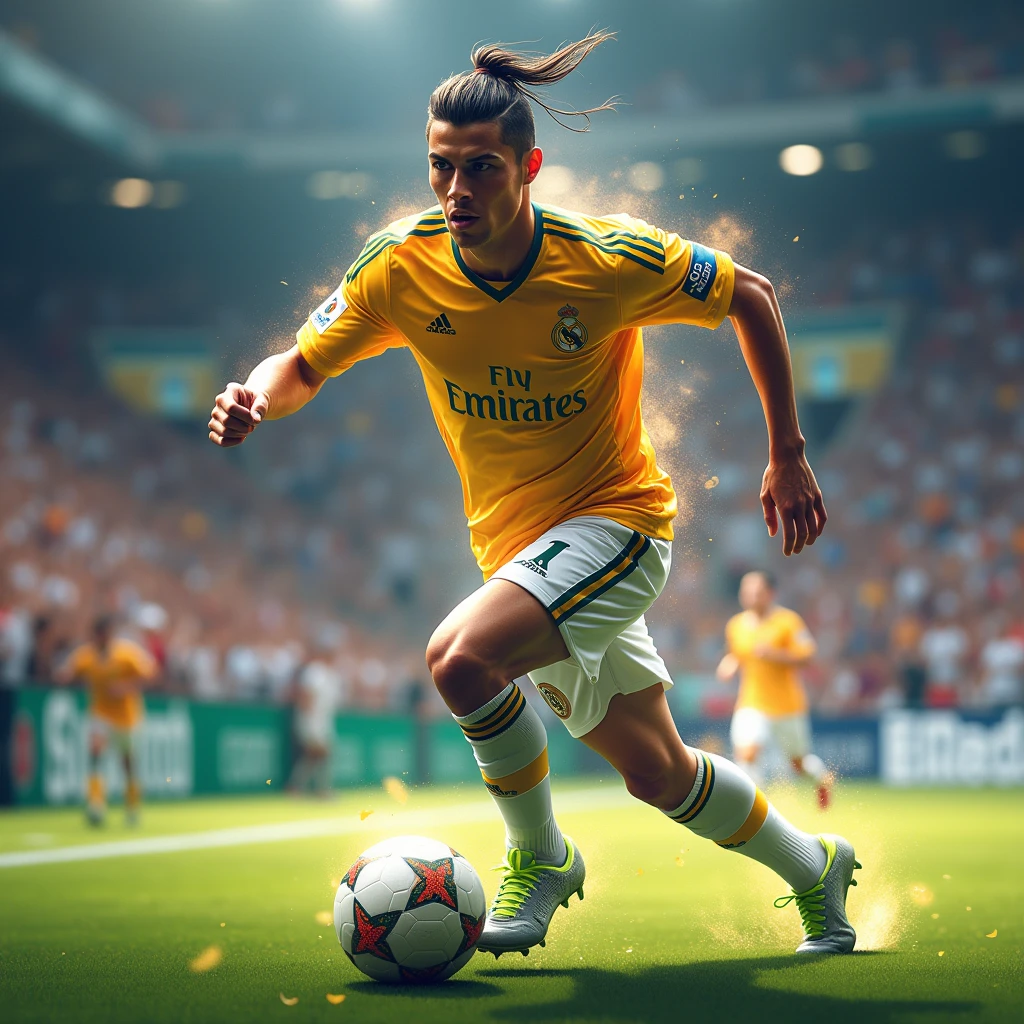 Ronaldo playing in a Real Madrid match shortly after receiving the amulet. He is in full action, radiating confidence and energy, with a subtle glow around him, symbolizing the amulet's influence in dall e-3 style 