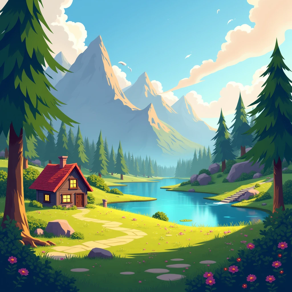 Create a videogame main manu background, is a survival videogame, be creative, PC background, make it in a little mountain with good ilumination, make it style animated, with strength colors, make with a little lake and a little house, with trees and little caves in a meadow with best colors