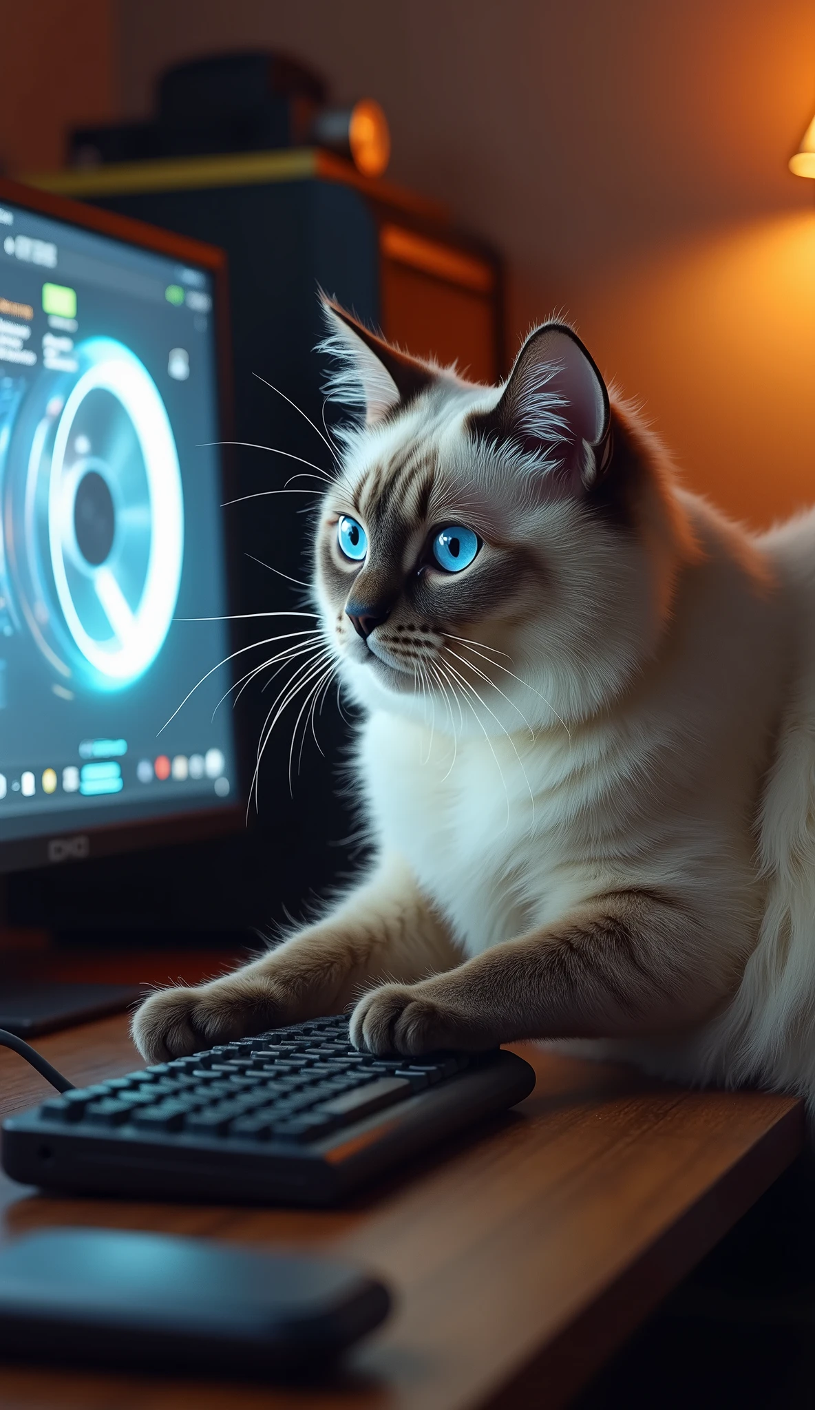 Photorealistic, 64K, A realistic Siamese giant cute fat cat playing on its gaming PC. The computer is wrong, fix this. The cat needs to hold the Mouse correctly direct