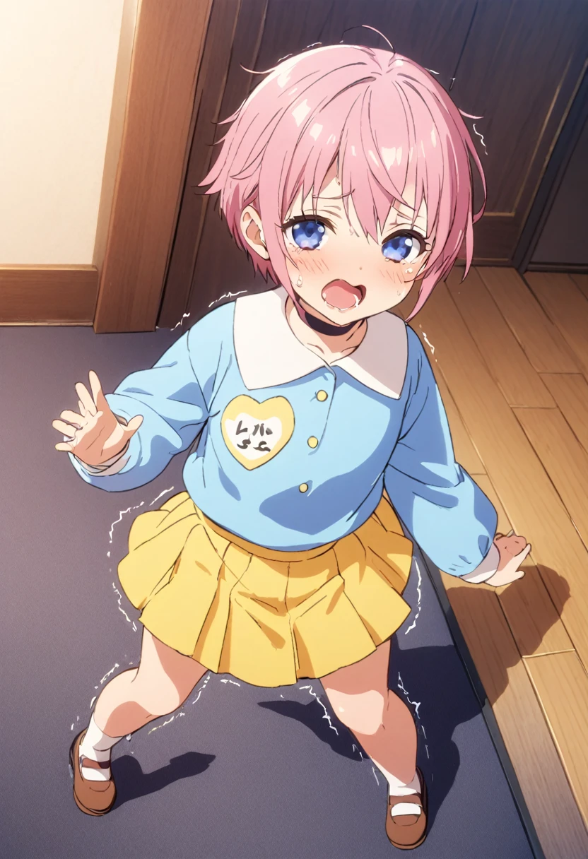 (Highest quality, 4K, 8k, High resolution, masterpiece:1.2), Very detailed, Picturesque, Animated Photography, Photo Animation:1.37)、Japanese schoolgirl、(Pink Hair)、(short hair)、stnding、blue shirt,(kindergarten uniform:1.2),(yellow school hat:1.15),(blue skirt:1.1),(tulip-shaped name tag:1.05)、black choker、Ecstasy face、Sweat、Are crying、vapour、trembling、Full body photography、Nakano ichika
