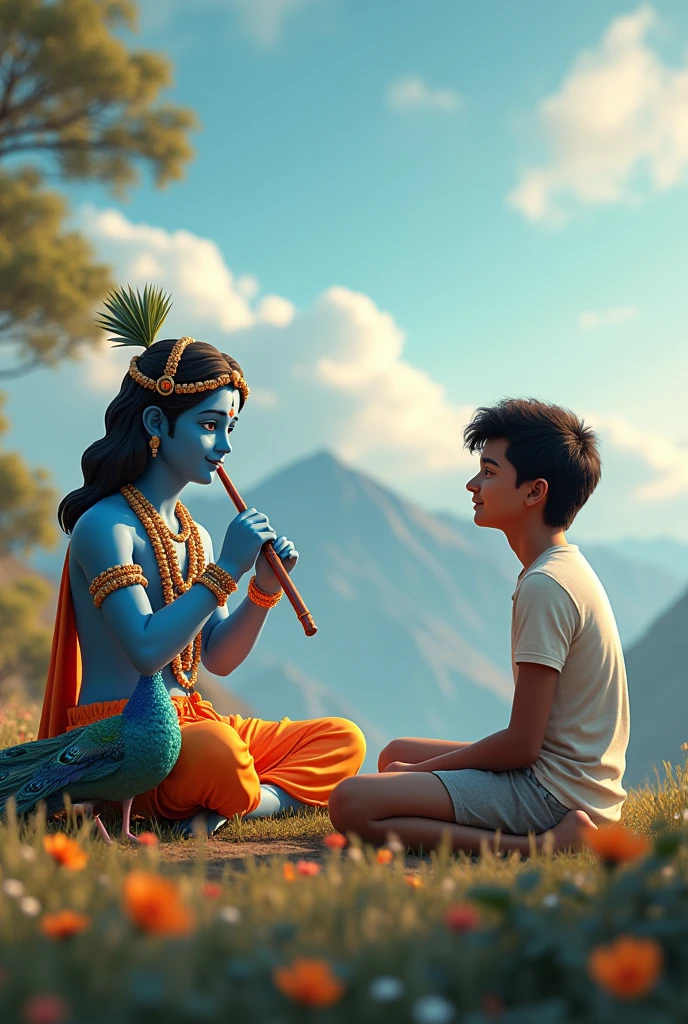 create a 3d image of 20 year old Indian devotional boy who is sitting next to krishna ji and Krishna ji playing the flute, they both sit together on the mountain,boy wearing T-shirt Name "Samar" written on it, heaven like beautiful view background, peacock dancing,realistic image and boy is in barefoot.