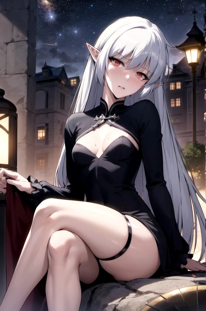 best quality, (masterpiece:1.2), detailed,
alice,
grin,
grey hair, long hair, red eyes, pointy ears, small breasts,
black dress, cleavage cutout, long sleeves, thighhighs, thigh strip,
sitting, crossed legs, head tilt, looking at the viewer,
castle, night, fireflies, starry sky, personality: ((Horny, Thirsty for loves, lustful, seductive, easily blushes))