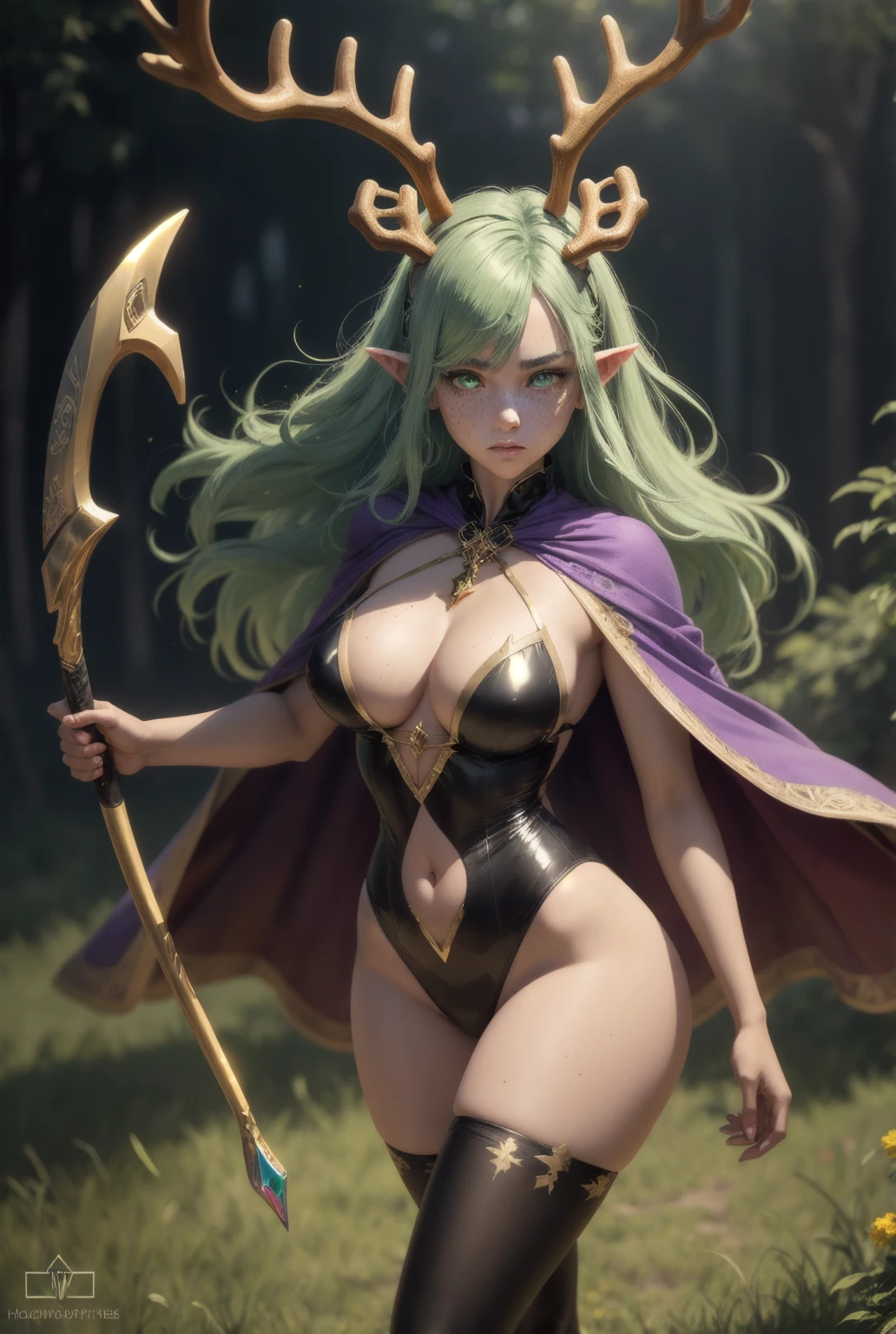 prismatic coloration, holographic environment, young African girl, Deep black skin, Beautiful, elven ears, Judgmental glare, Neon green hair, Heterochromia with deep one eye green & one eye Gold, C-cup breasts, lithe, fit, form-fitting bodysuit with a deep neckline, exposing much of her chest area, full-body, slender legs, beautiful eyes, freckles, leaf green eyebrows, (long straight prismatic reindeer_antlers:1.2), wielding light magic, Battle stance, grassy aura, mythic flowing Black-Purple-Green cloak with Golden Floral designs, Safe-For-Work