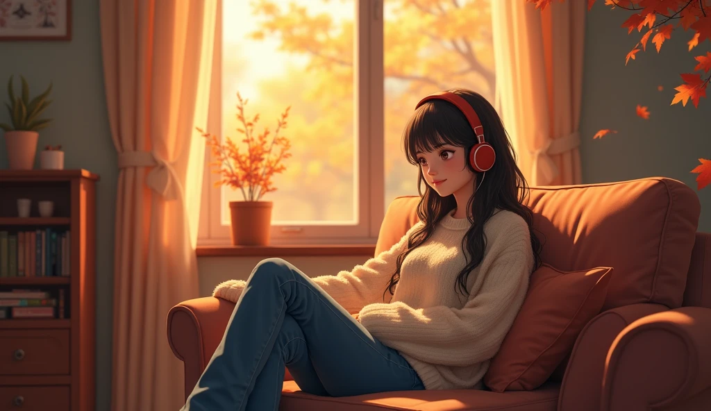 Perfect image, 8k, High school girl listening to music in a cozy room、 Using headphones, 2D-style animation, Lo-Fi,Autumn leaves outside the window、autumn、Sit on the sofa、smile、Retro、Anime style illustrations、Mature atmosphere、Wearing knitwear、I'm wearing jeans