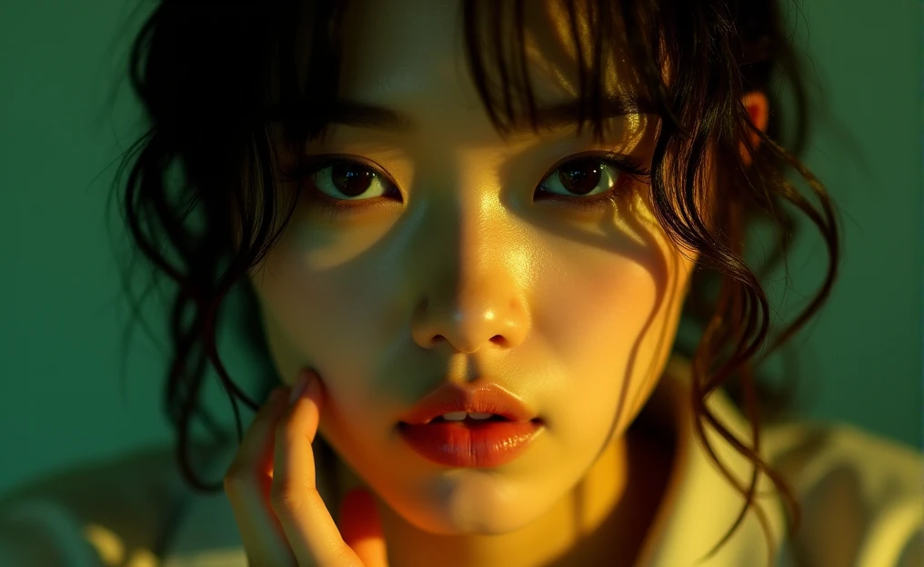 This photo shows a close-up of an Asian female face with an intense and mysterious yet serene expression.. Dark hair is damp or wet, partially covering the forehead and falling to the sides of the face. The eyes, who look directly at the camera, They are of a deep color, possibly purple or blue, and stand out for their depth and shine. The lips are slightly parted and have a natural tone with a hint of shine.. The lighting is soft and warm, with shadows that add a dramatic effect to the face. The right hand, partially visible, It is close to the mouth, lightly touching the lower lip. The overall image has a yellowish-green tone., which gives it a slightly ethereal or cinematic look.