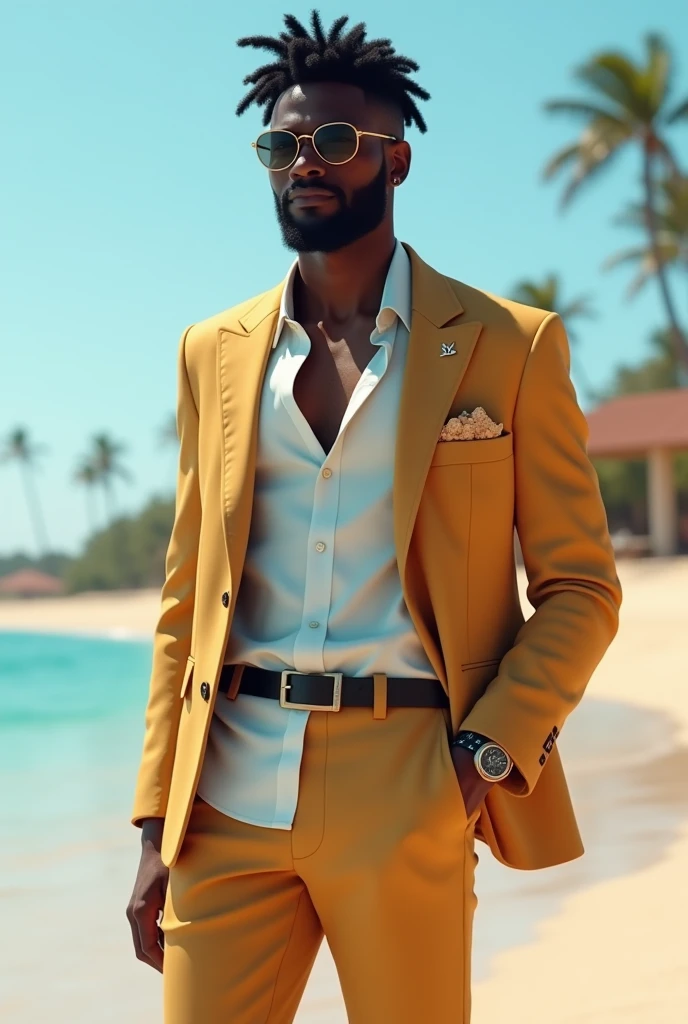 design a 3D luxury stoner business casual outfit for a day at the beach during a zoom call. The outfit should portray stoner life without having to display weed on the clothing. L.I.F.T. Clothing means Life is For Today so the clothing should have a high vibration. brand name will be visible on the clothes. The clothes will have a stoner vibe. taylor to african americans