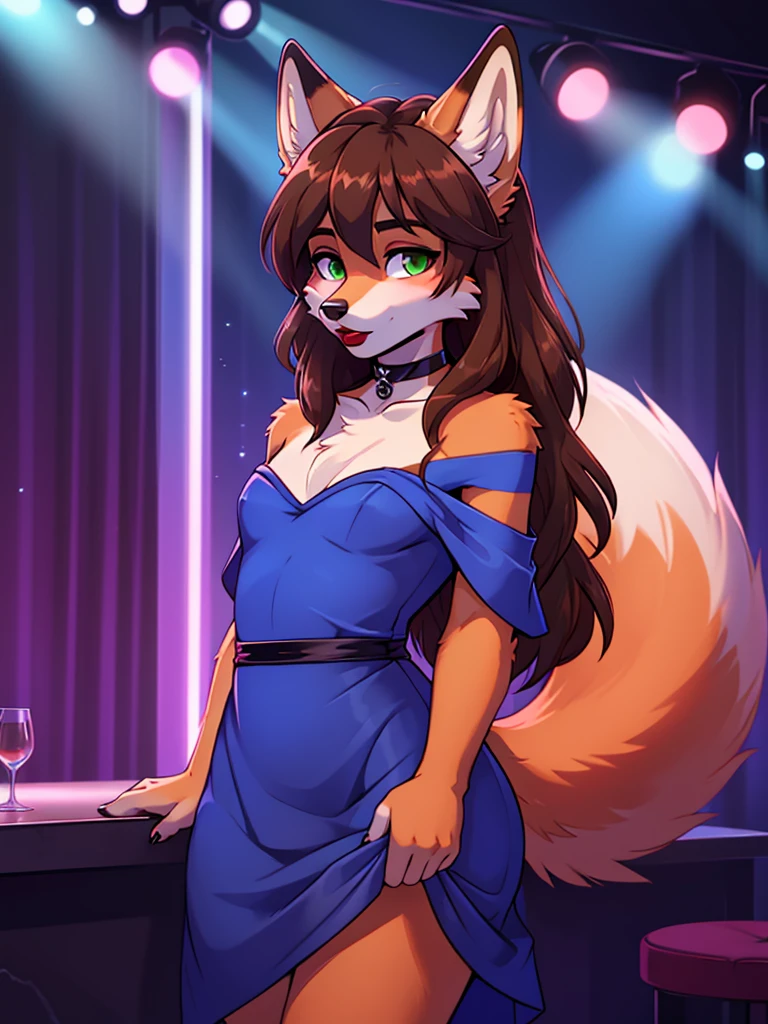Best quality, furry male fox with green eyes, with brown long hair, with black spout, with red lipstick on lips, big lips, in a blue dress, crossdressing,  shy, with a choker around his neck, off-the-shoulder dress, flirts,  pose, portrait, against the backdrop of an empty nightclub