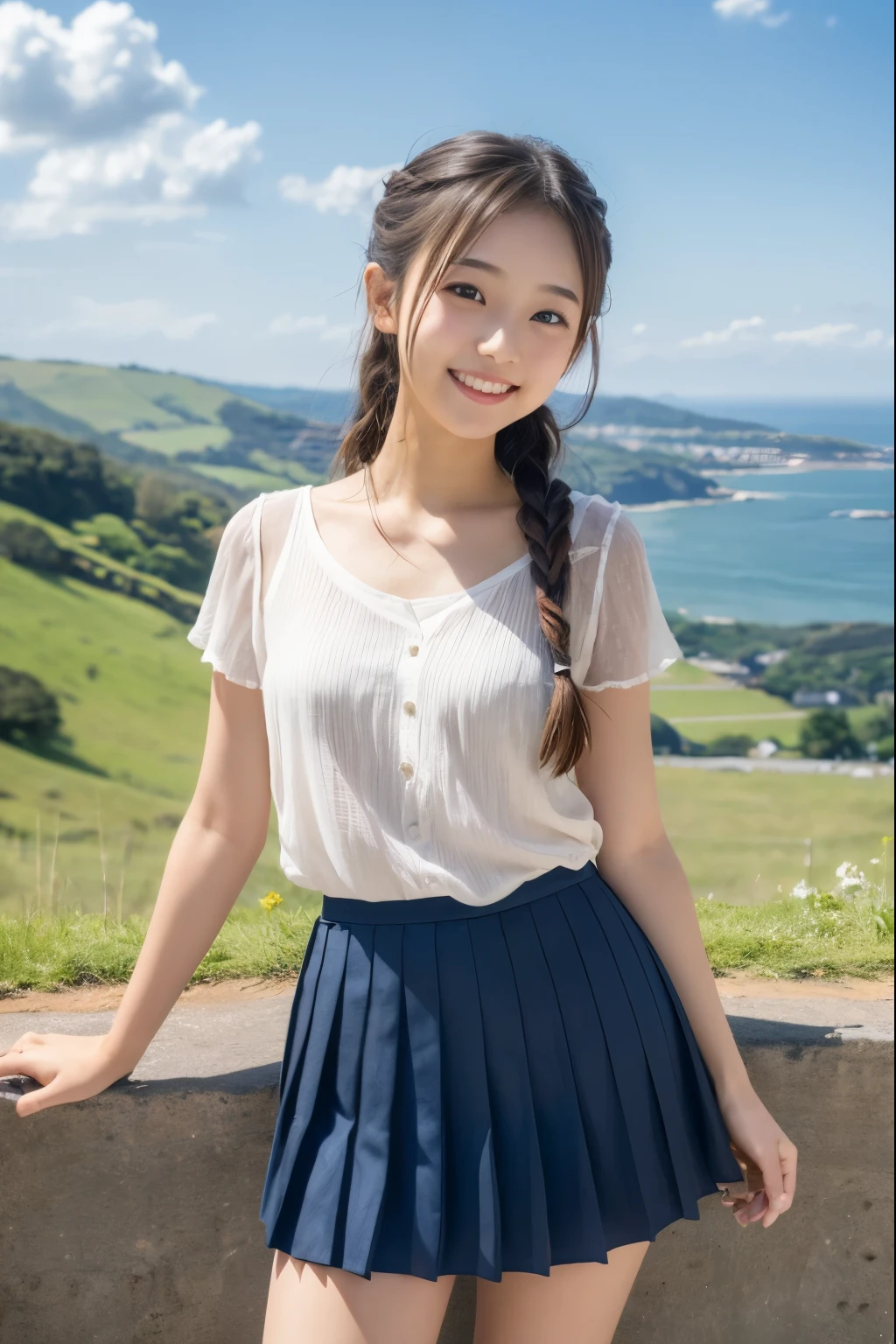 1 young girl,very cute and beautiful japanese teen actress,highly detailed beautiful face,twin braid,
white campisole,looking at viewer,smile,happy,stylish pose,pleated navy blue mini skirt,solo,
countryside,hilltop,grassland,distant ocean background,beautiful summer sky,real person,photorealistic,8k,raw photo,