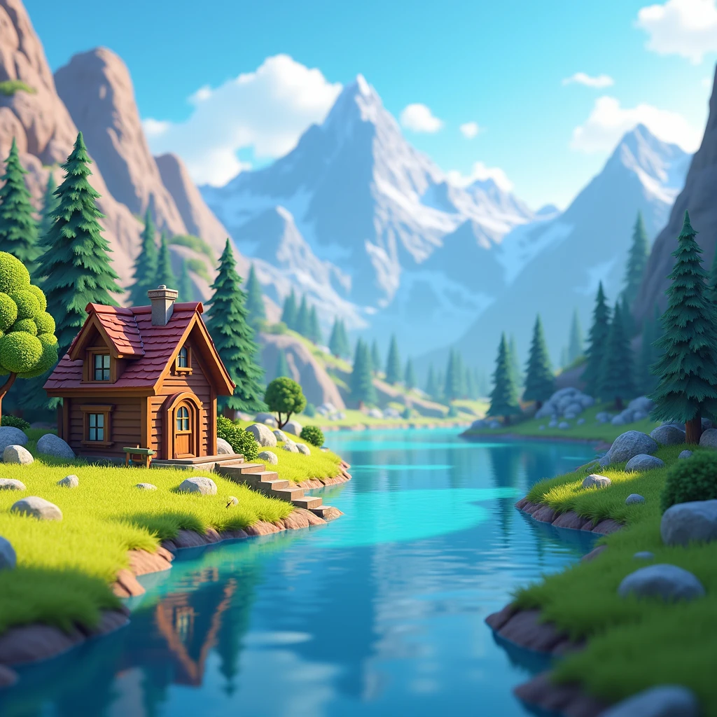 Create a videogame main manu background, is a survival videogame, be creative, PC background, make it in a little mountain with good ilumination, make it style animated, with strength colors, make with a little lake and a little house, with trees and little caves in a meadow with best colors en 3D