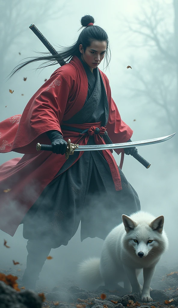 Mysterious Samurai (Musashi Miyamoto) Swinging a long Japanese sword, Splitting apart with every strong blow、Shrouded in fog that obscures the view, Revealing vivid and surreal scenes, The blade&#39;s cut stands out clearly against the blurry background., Mysterious background, The sharp gaze of the white fox meets the viewer.., A dreamy layer of fog covers the landscape, piercing, clear eyes, A sophisticated and beautiful kimono, Dramatic lighting and colors, White, red harmonious outfit