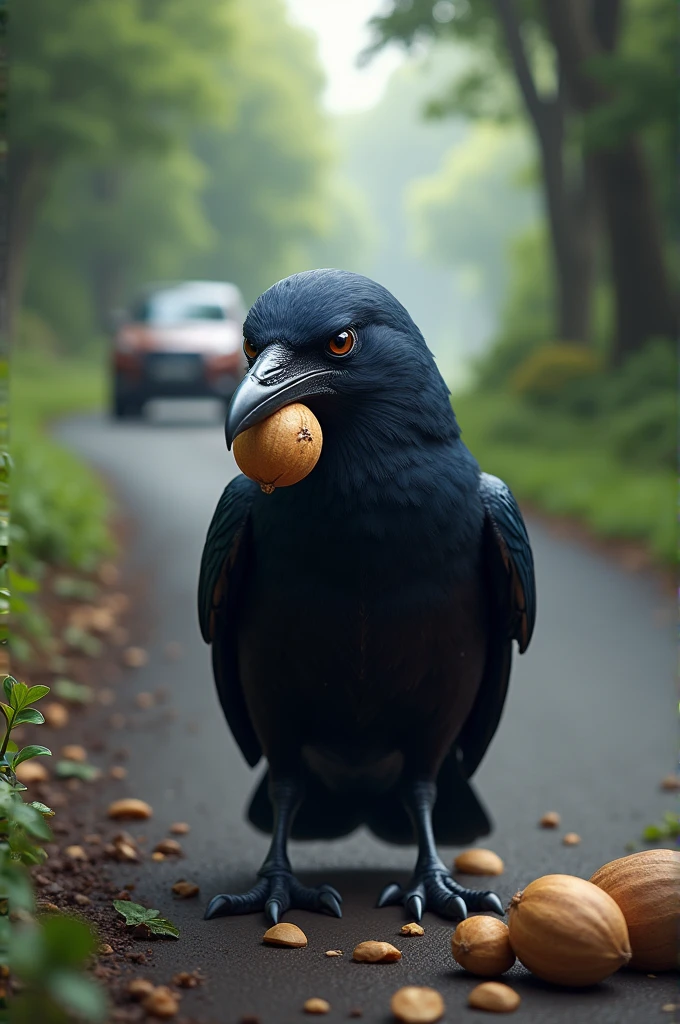 An image of a crow holding a nut with a road and car in the background, a